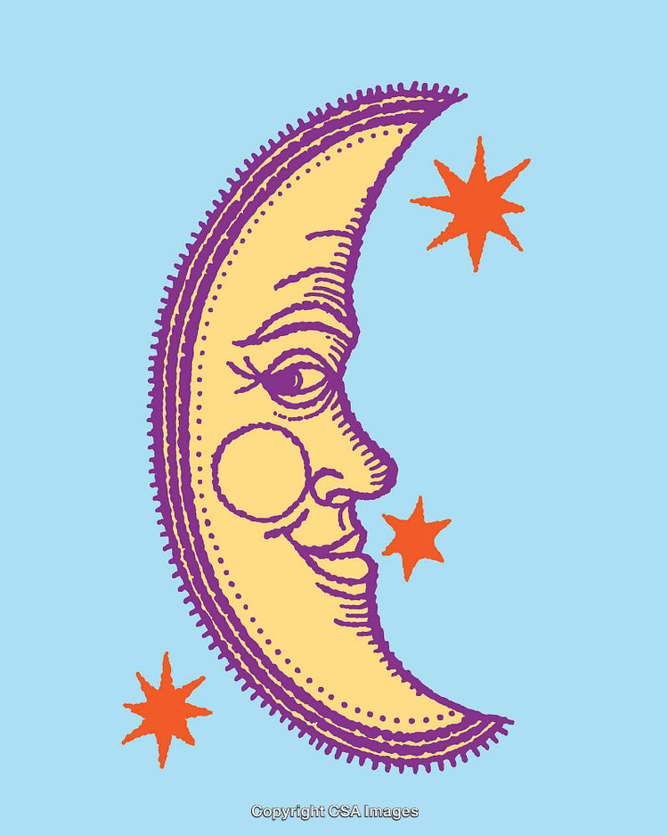 Colorful Line Art Illustration of a Crescent Moon With Stars
