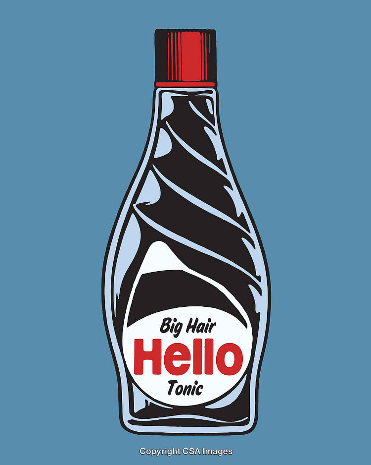 Retro Style Illustrated Bottle of Big Hair Tonic on Blue Background