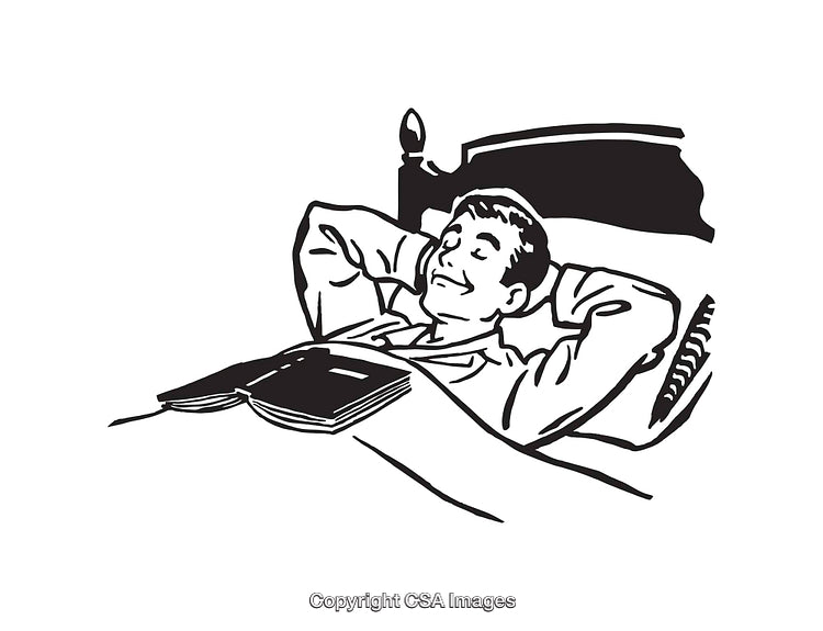 Black and White Illustration of Man Relaxing in Bed with Book
