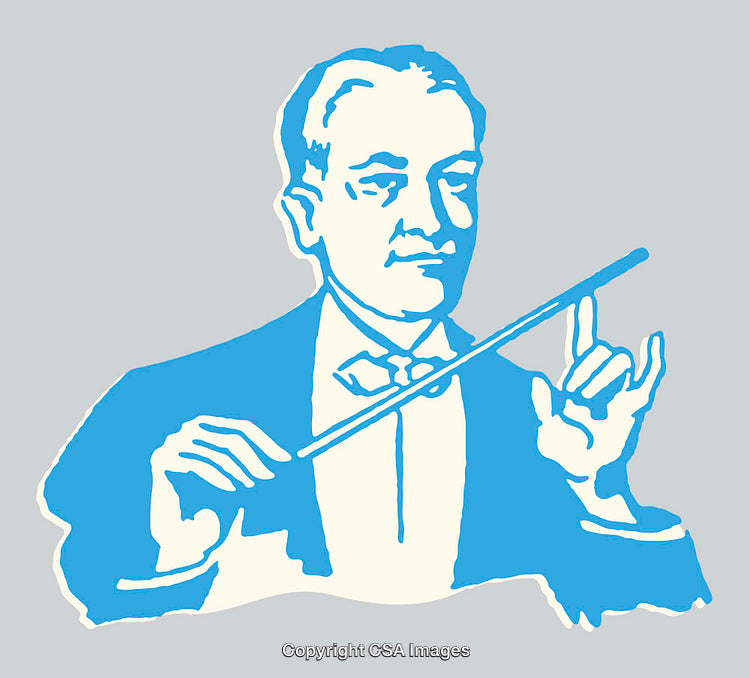 Vintage Line Art Illustration of a Man Conducting an Orchestra
