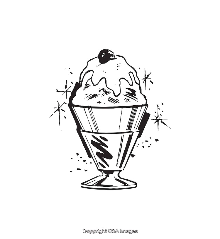 Black and White Line Art Illustration of a Dessert Cup with a Cherry