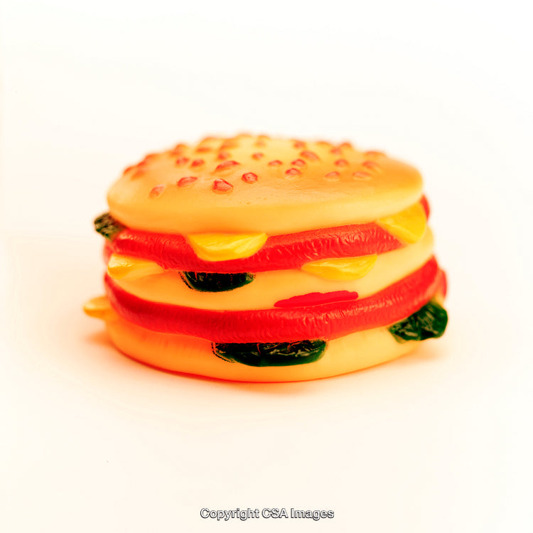 Close-Up of a Colorful Plastic Burger Toy with Realistic Details