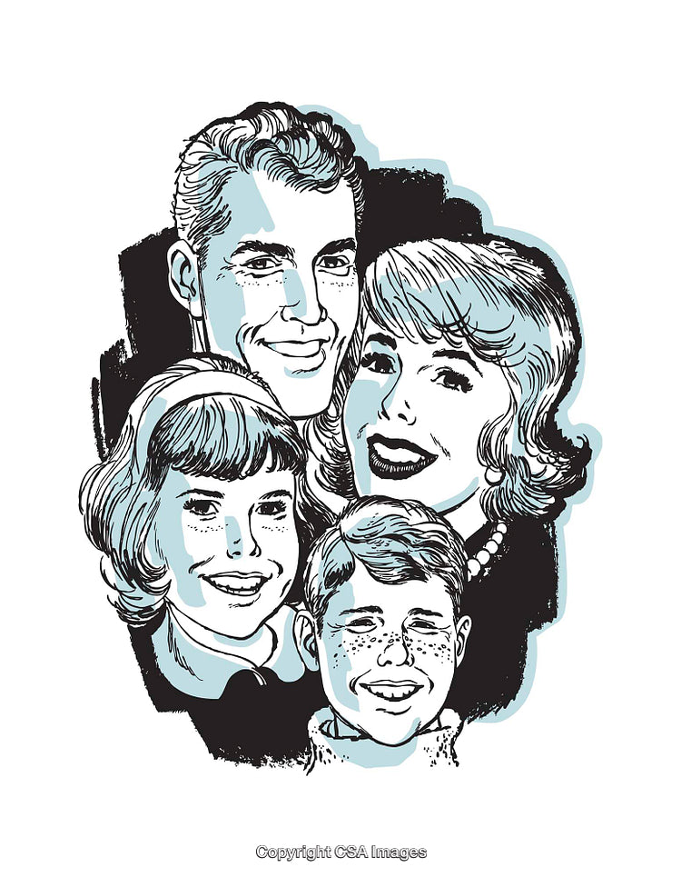Vintage Family Illustration Featuring Parents and Children with Smiling Expressions