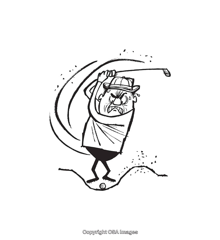 Cartoon Golfer Swinging Club in Frustration While Missing the Ball