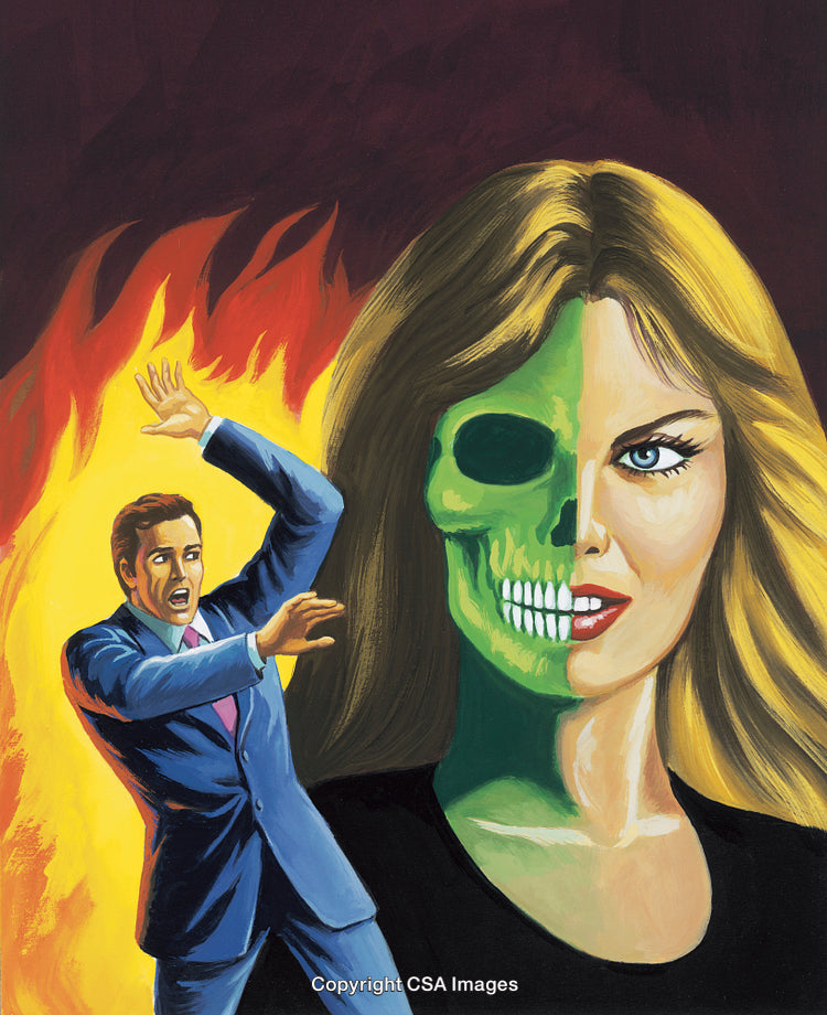 Dramatic Artwork Depicting a Split-Face Woman with Flames and a Frightened Man