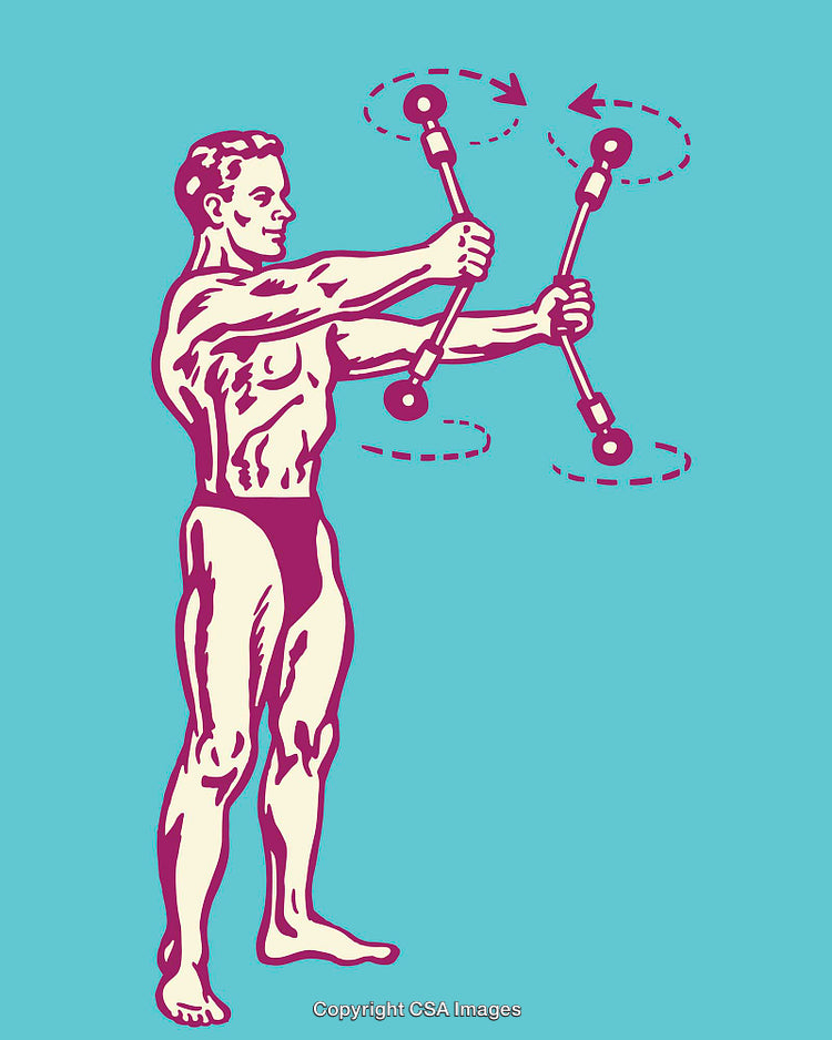 Illustrated Man Demonstrating Exercise Movement with Equipment in Colorful Retro Style