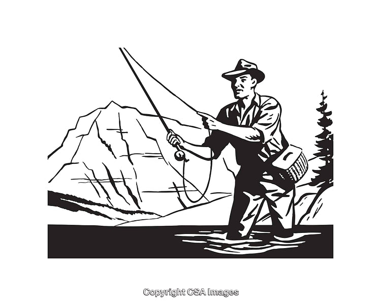 Black and White Illustration of Fishing in Mountain Landscape