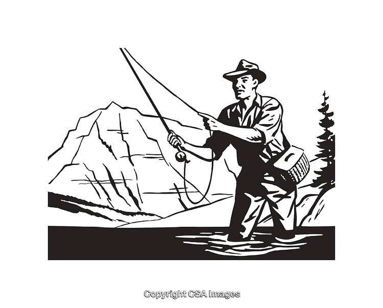 Black and White Illustration of Fishing in Mountain Landscape