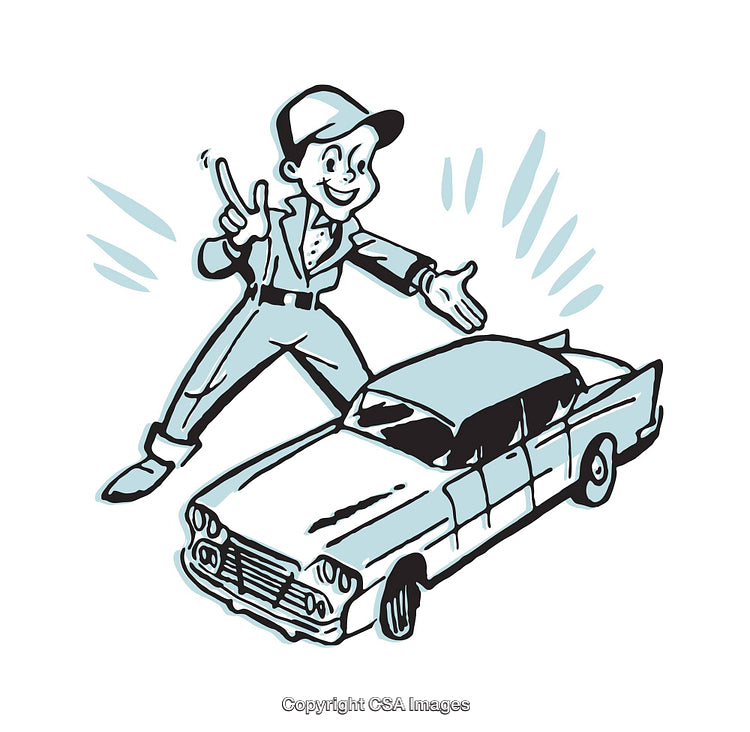 Retro Style Illustration of a Man Showcasing a Classic Vintage Car