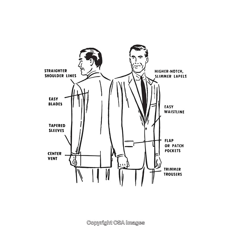 Black and White Illustrations of Men's Suit Features in Line Art Style