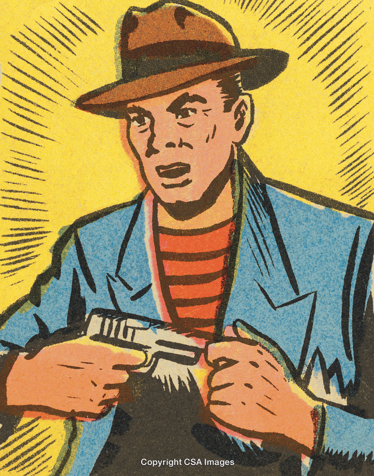 Retro Comic-Style Character Holding a Pistol with Intense Expression