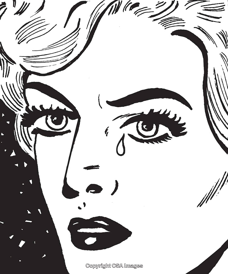 Retro Illustration of a Crying Woman in Black and White Style