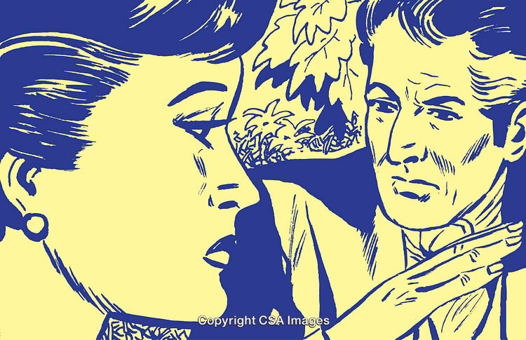 Illustration of Man and Woman in Retro Pop Art Style with Emotional Expressions