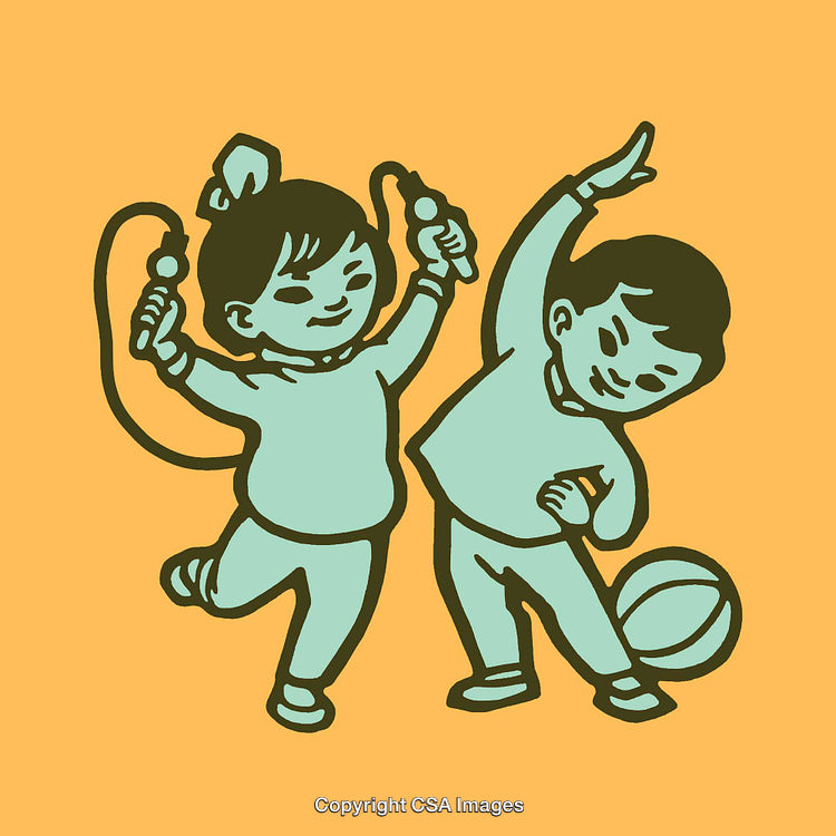 Two Children Playing and Exercising with a Jump Rope and Ball