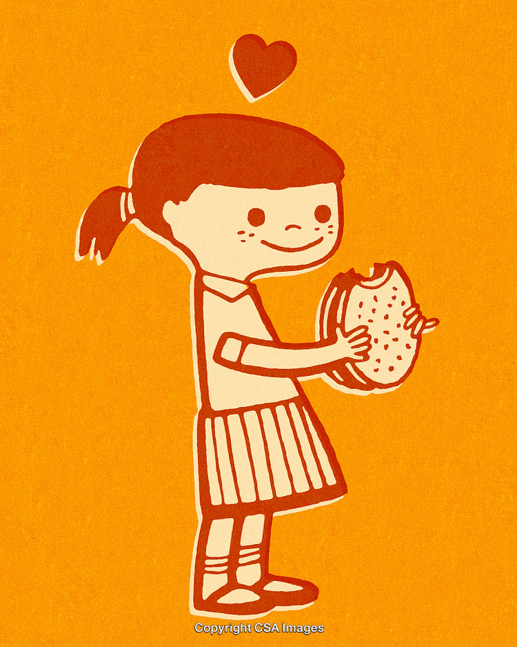 Illustrated Girl Eating a Sandwich With a Heart on Orange Background