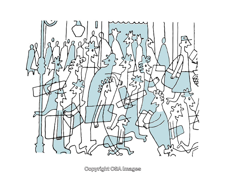 Abstract Urban Crowd Illustration With Playful Blue and White Design