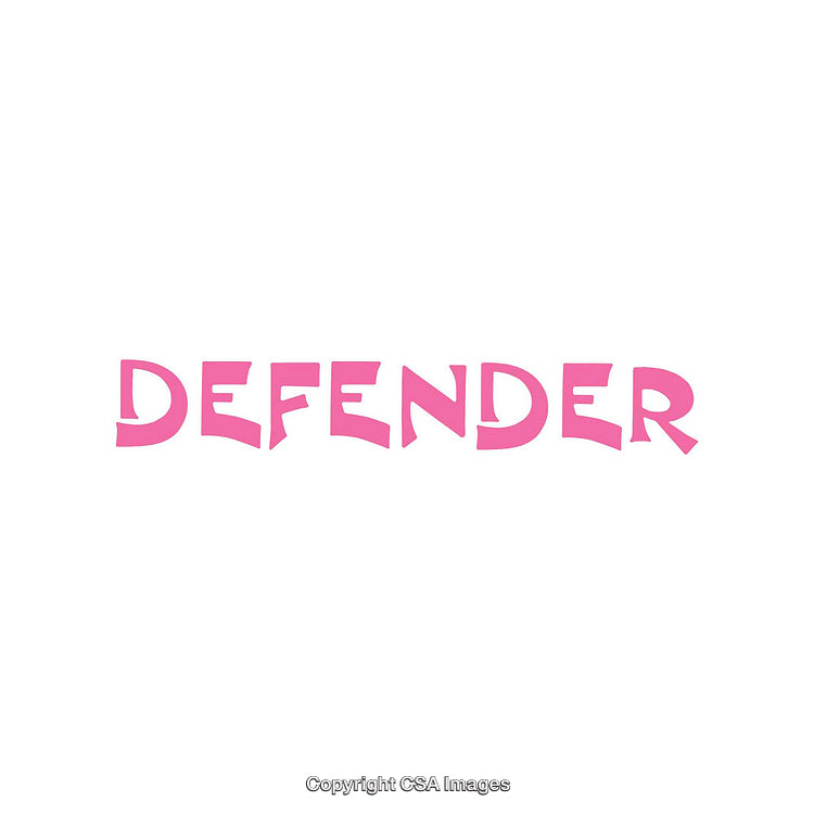 Pink Stylized Typeface Spelling Defender on White Background