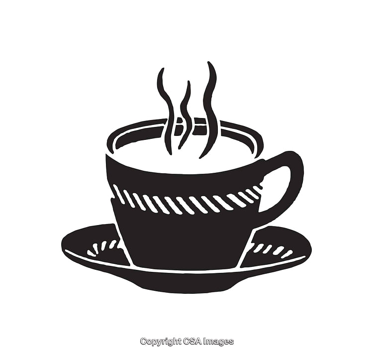 Black And White Illustration of a Steam Cup of Coffee With Saucer