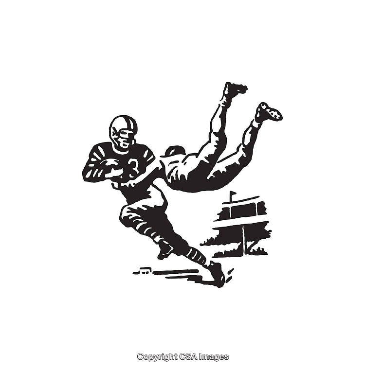 Black and White Illustration of a Football Tackle Action Scene