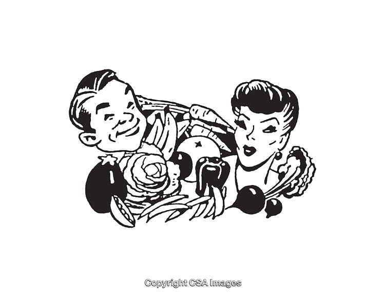 Retro Line Art of Man and Woman with Decorative Flowers and Elements