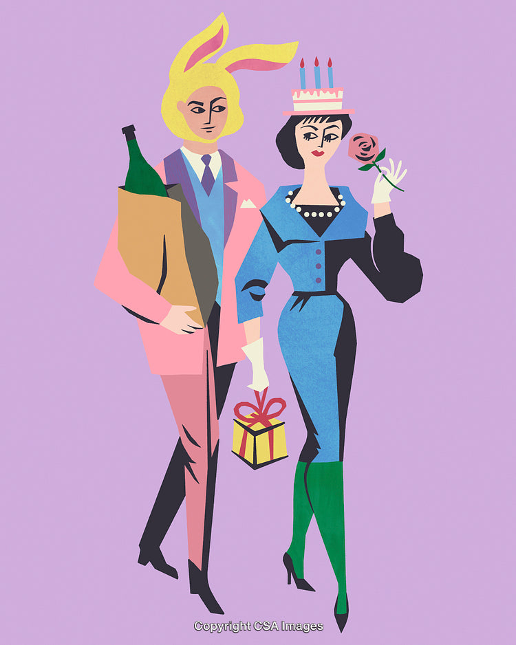 Stylish Couple Celebrating with Birthday Cake, Gifts, and Festive Attire