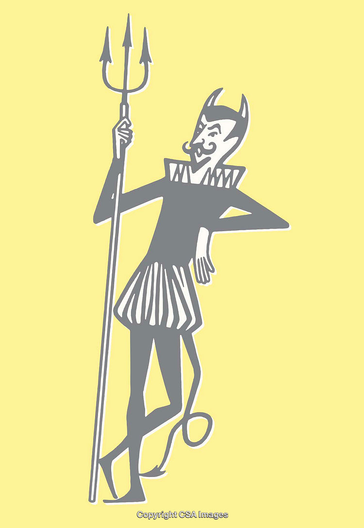 Playful Devil Illustration with a Yellow Background and Trident