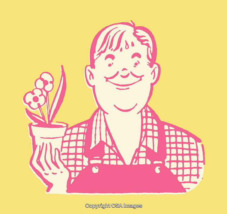 Gardener Holding a Potted Flower in Colorful Line Art Illustration