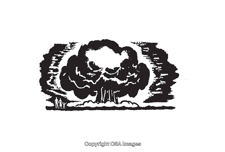 Black and White Line Art of a Nuclear Explosion with Mushroom Cloud