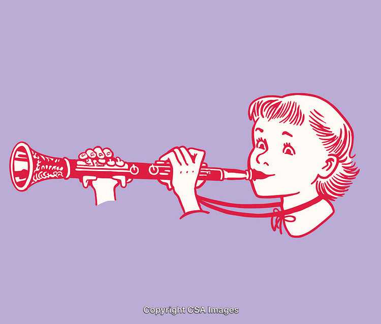 Whimsical Line Art Illustration of Girl Playing Clarinet in Colorful Style