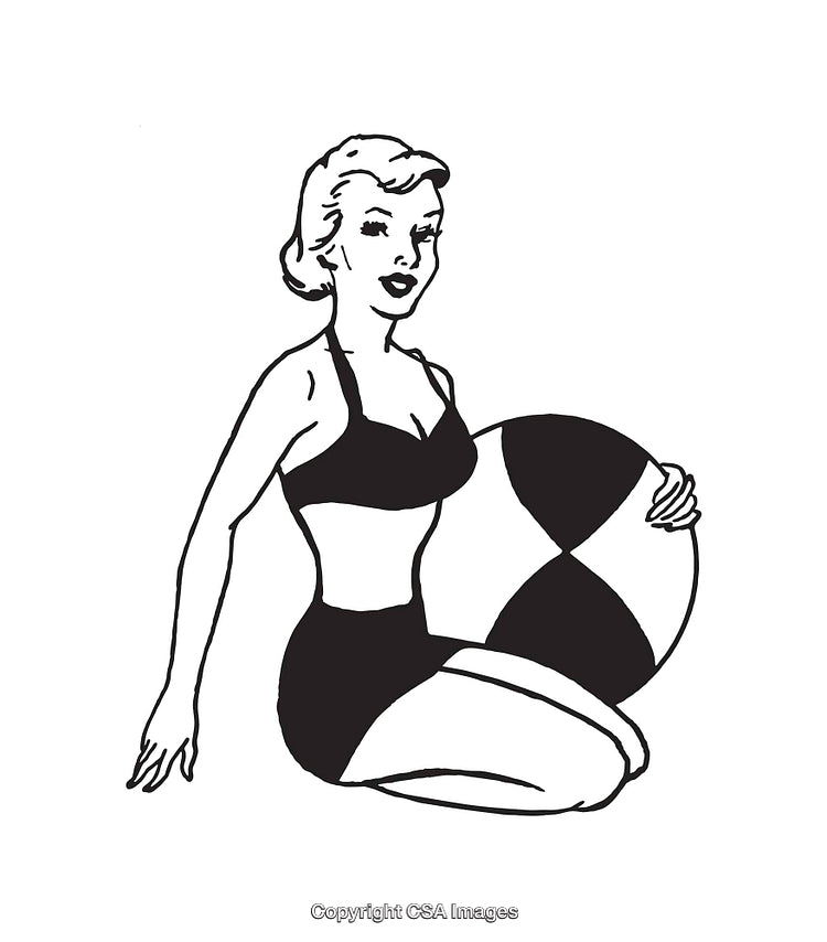 Vintage Style Woman in Swimsuit with Beach Ball Illustration