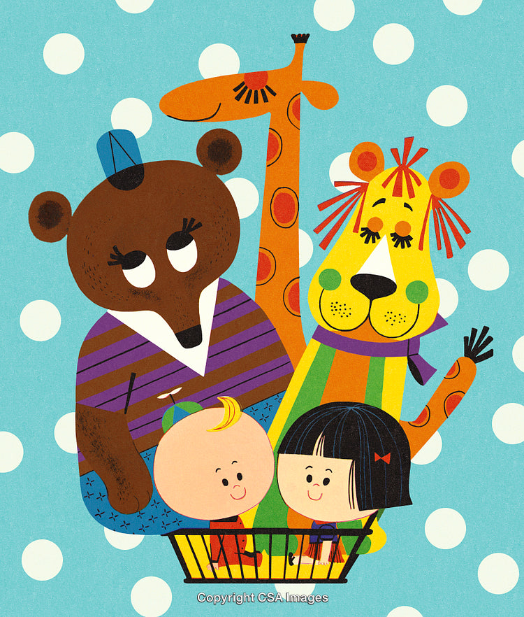 Adorable Cartoon Children and Animal Characters on a Polka Dot Background