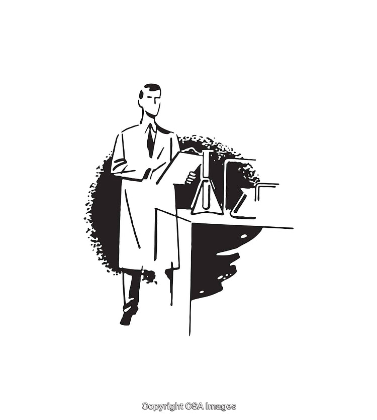 Scientist Performing Experiments in a Laboratory, Black and White Line Art Drawing
