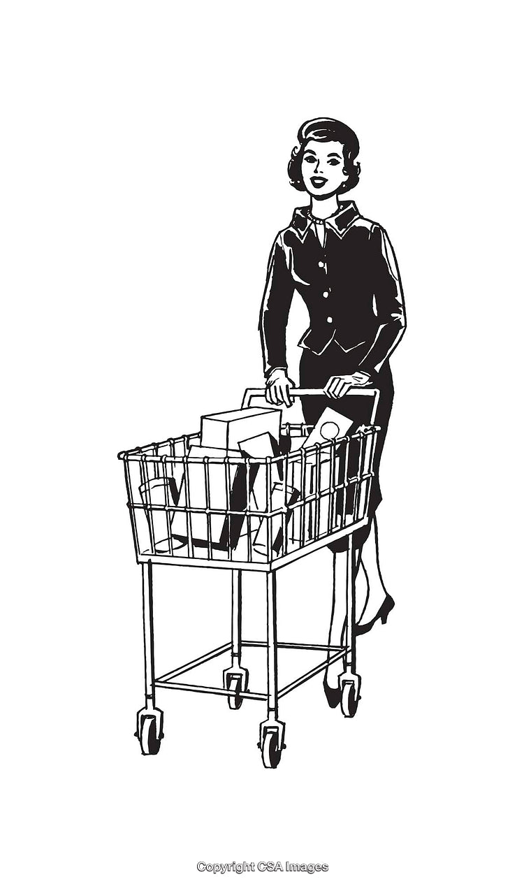 Retro Illustration of Woman Shopping With Grocery Cart