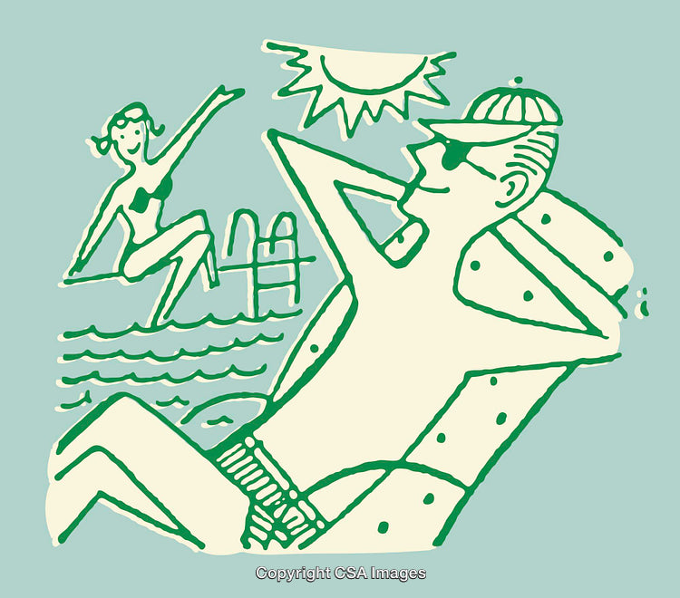 Color Line Art of People Relaxing Poolside Under the Sunlight