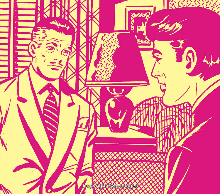 Retro Comic Style Art of Two Men Conversing in a Vintage Office Setting