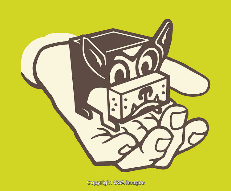 Cartoon Hand Holding a Boxy Fox on a Bright Green Background
