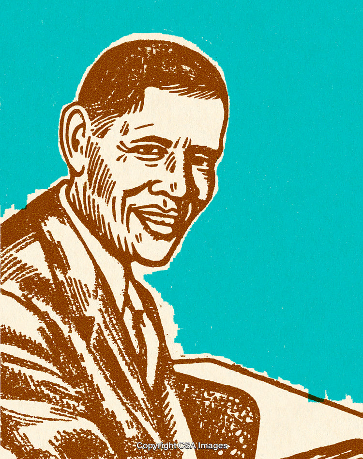 Illustration of a Smiling Man in Suit Against a Minimal Teal Background