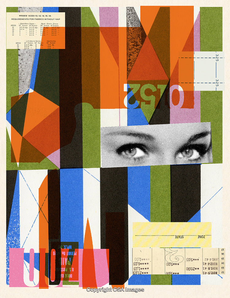 Abstract Geometric Collage Featuring Vibrant Colors and Fragmented Elements
