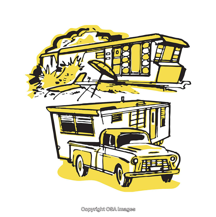 Retro Illustration of Vintage Car and Trailer with Scenic Background