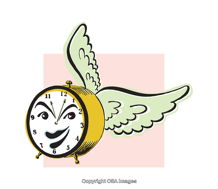 Whimsical Illustration of a Winged Anthropomorphic Clock With a Happy Face