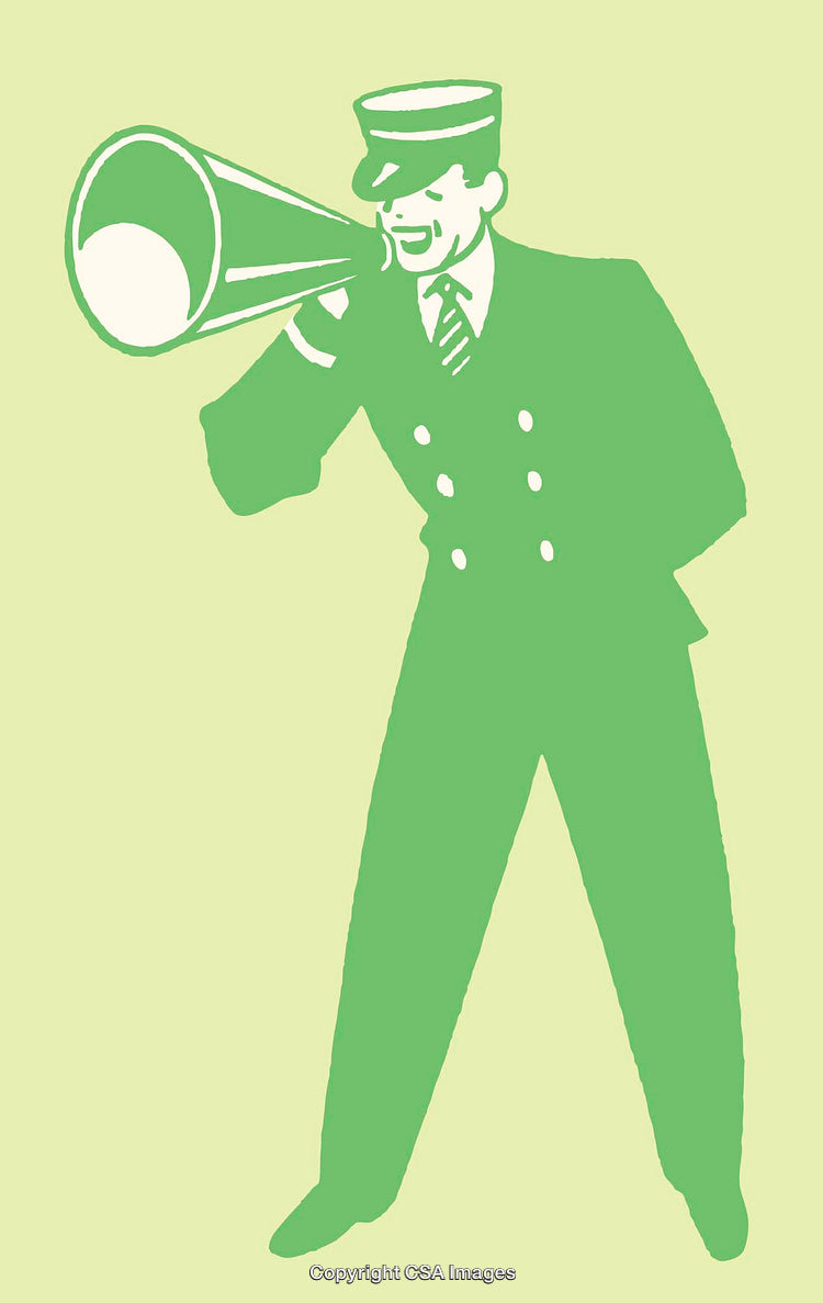 Retro Illustration of a Uniformed Man Using a Megaphone in Green Tones