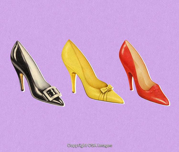 Stylized Illustration of Black, Yellow, and Red Heels on Purple Background