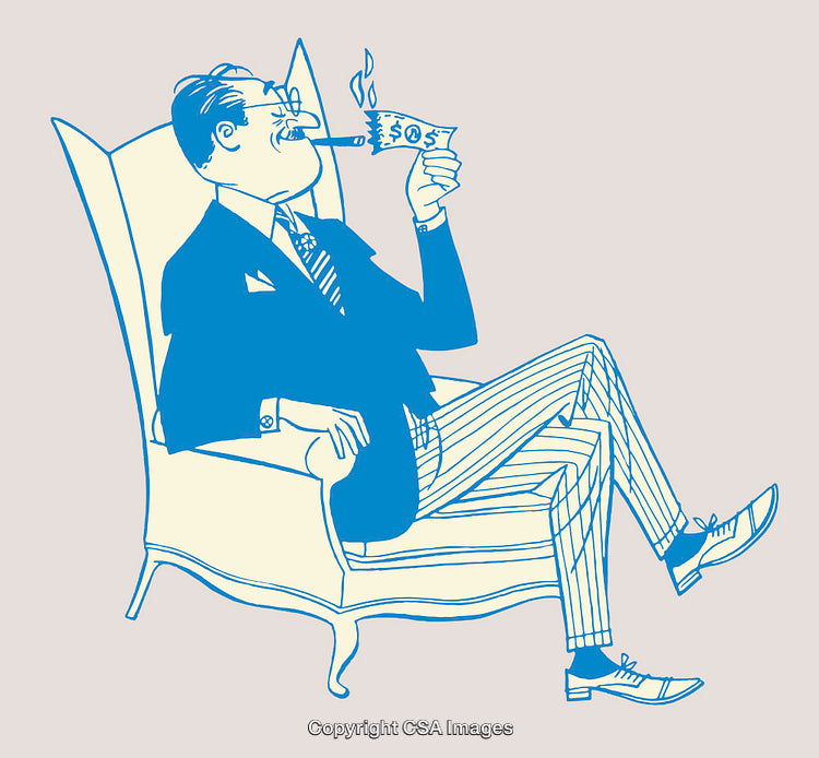 Cartoon of Businessman Smoking Money Representing Extravagance and Wealth