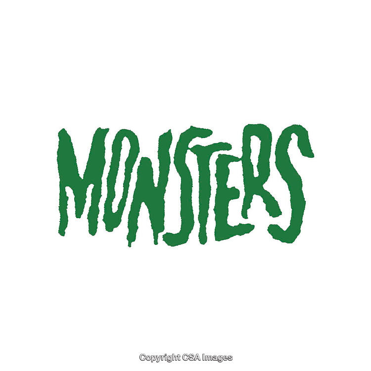 Green Text Depicting the Word Monsters on a White Background