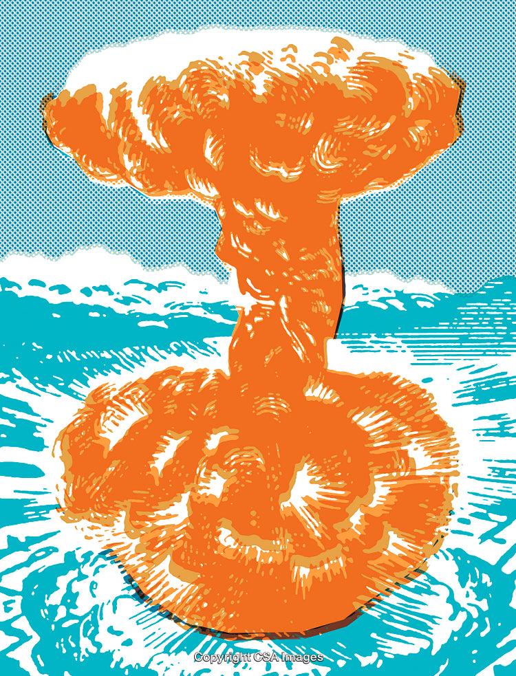 Stylized Orange Mushroom Cloud Over Blue Background with Engaging Illustration Details