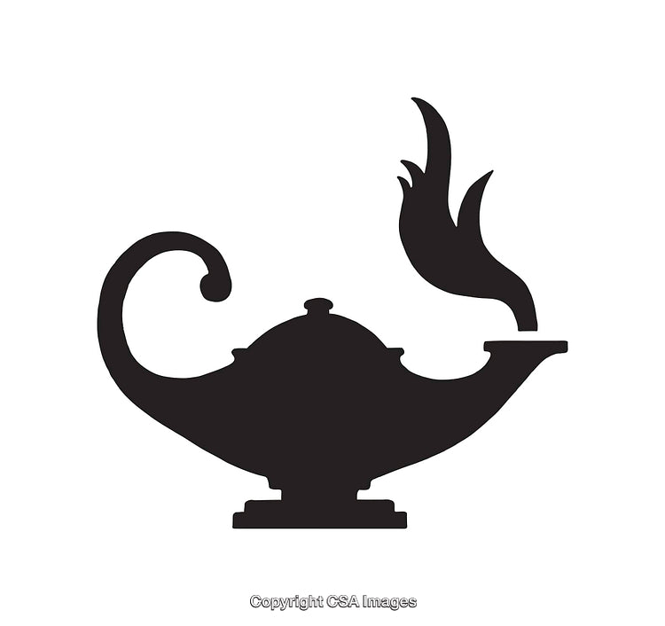 Silhouette of a Magical Genie Lamp with Smoke on White Background