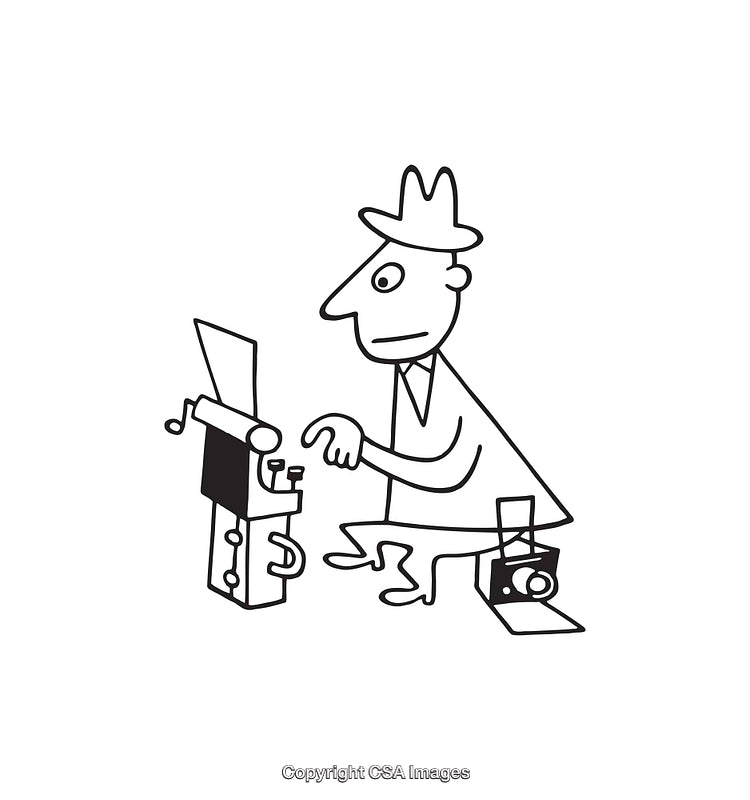 Simple Black and White Illustration of a Man Using a Typewriter
