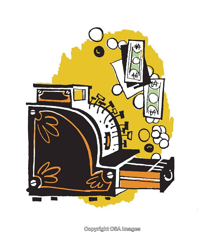 Vibrant Illustration of Cash Register and Money Elements in Yellow and Black