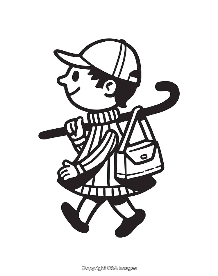 Illustration of a Boy Walking With a Stick and Bag in Black and White