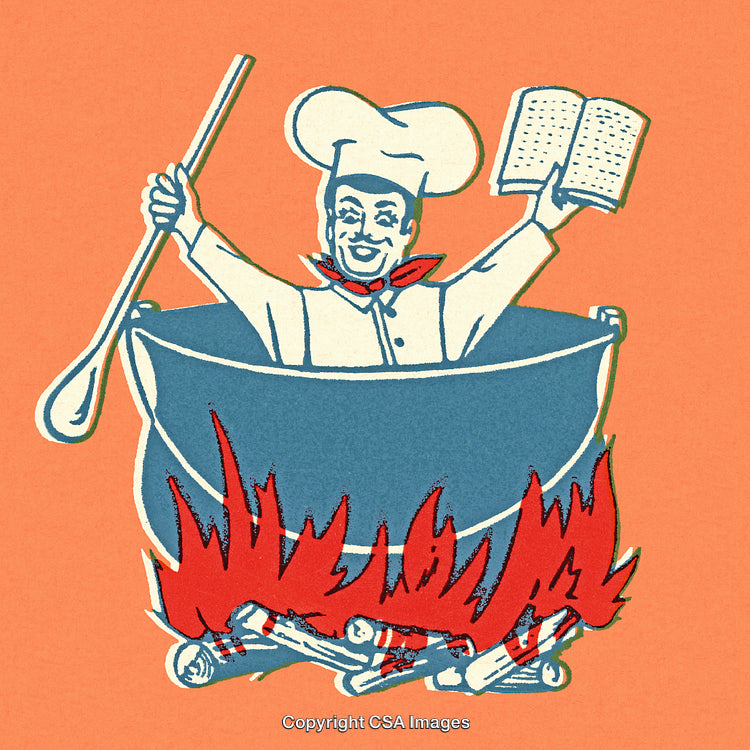 Retro Chef Illustration With Cooking Pot and Fiery Flames, Abstract Art Design